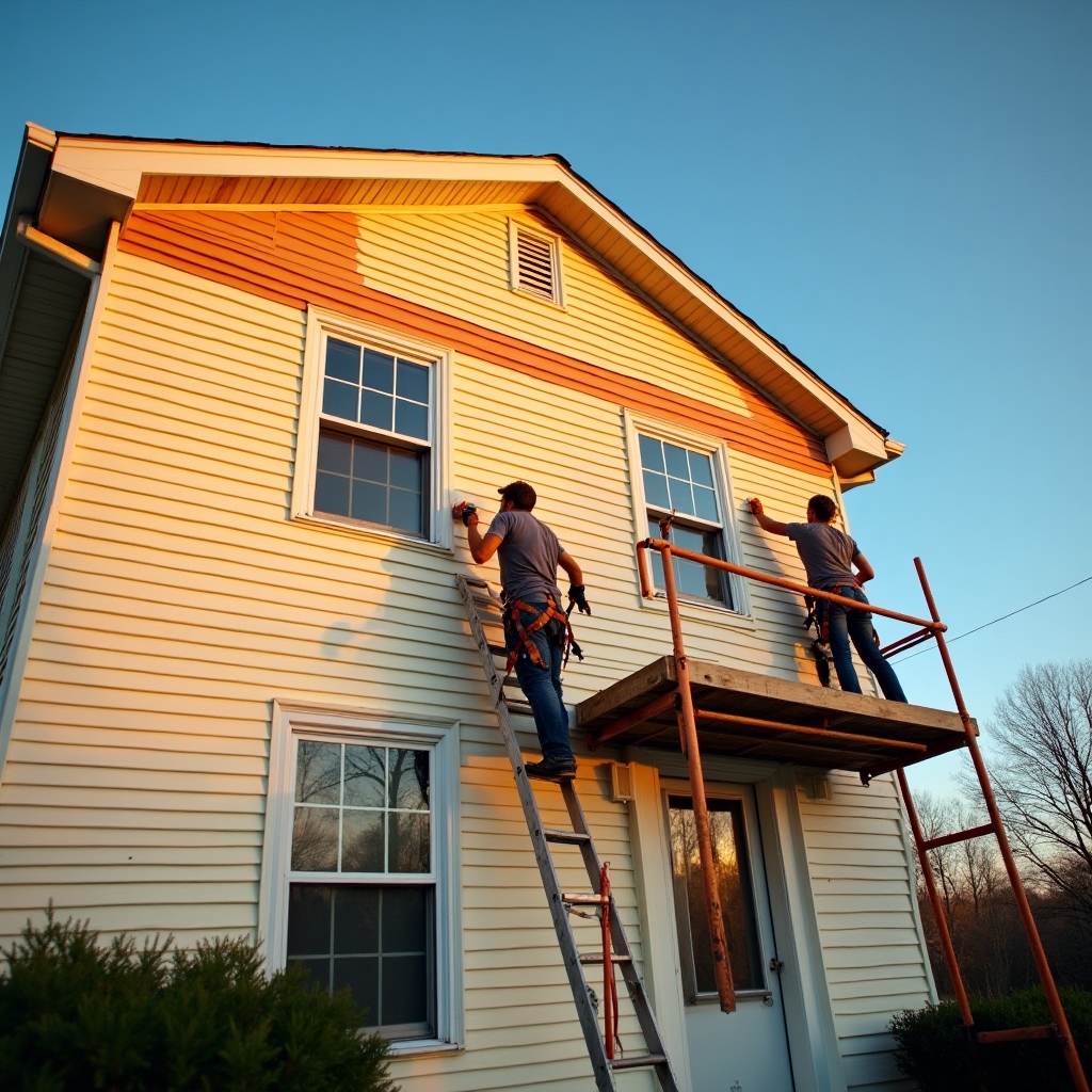 Exterior painting crew working on a two-story home facade