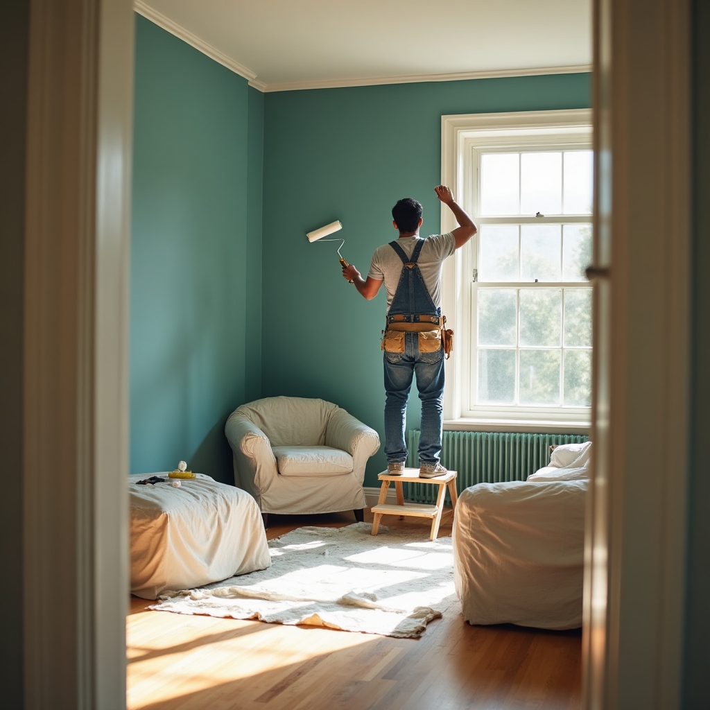 Painter applying fresh wall color in a bright Chicago-area living room