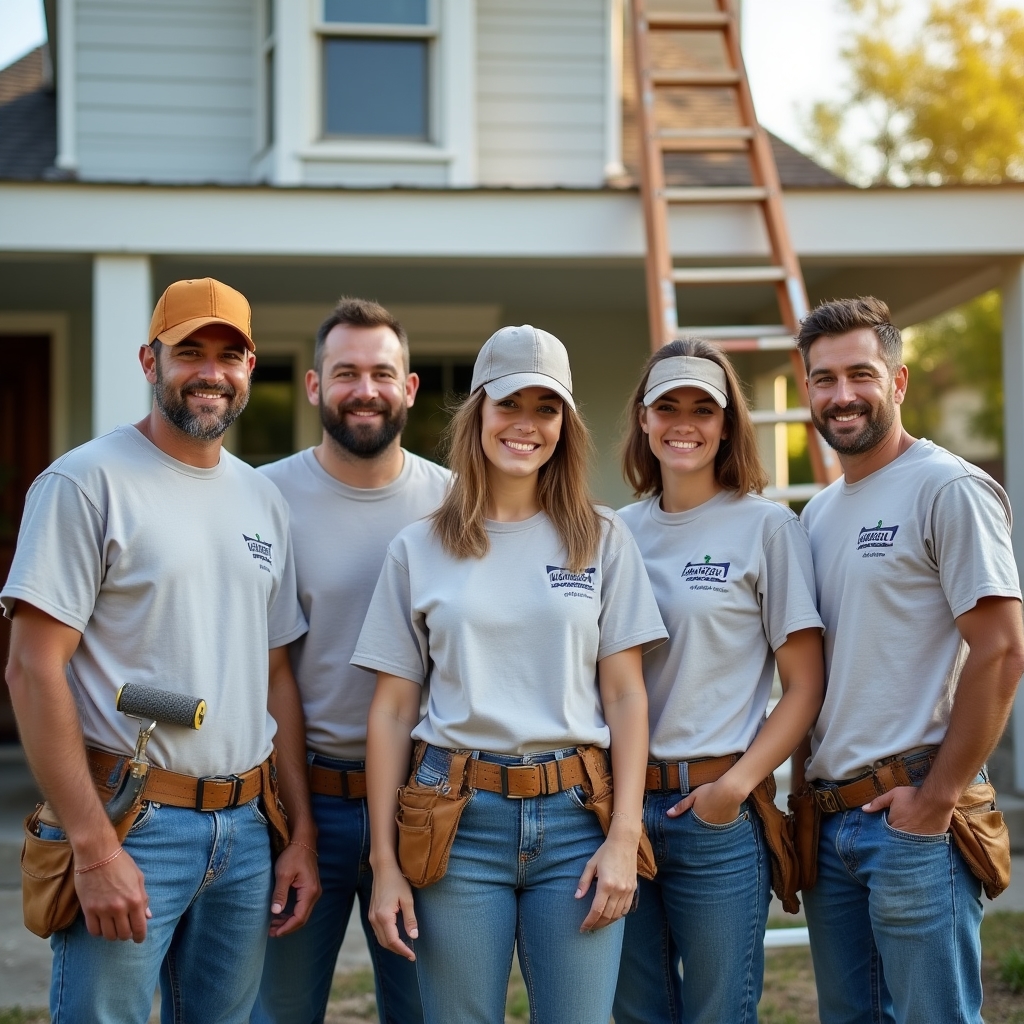In-house painting and finishing crew standing together on a job site