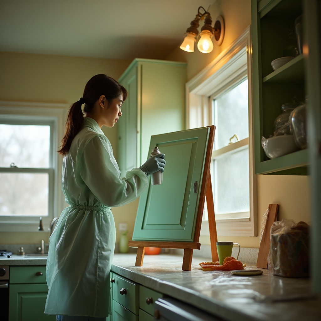 Kitchen cabinets being refinished with a fresh coat of paint