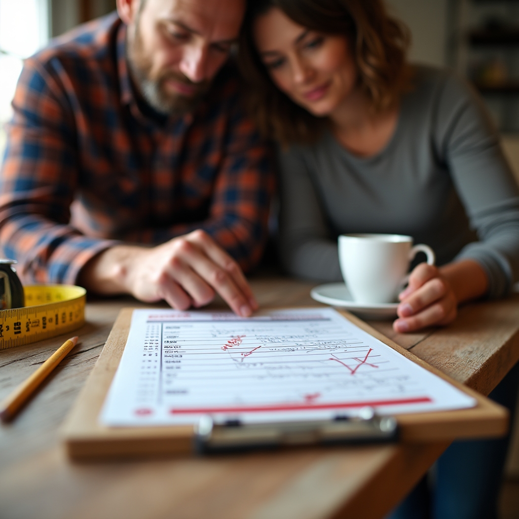 Estimator and homeowner reviewing a project schedule on a clipboard